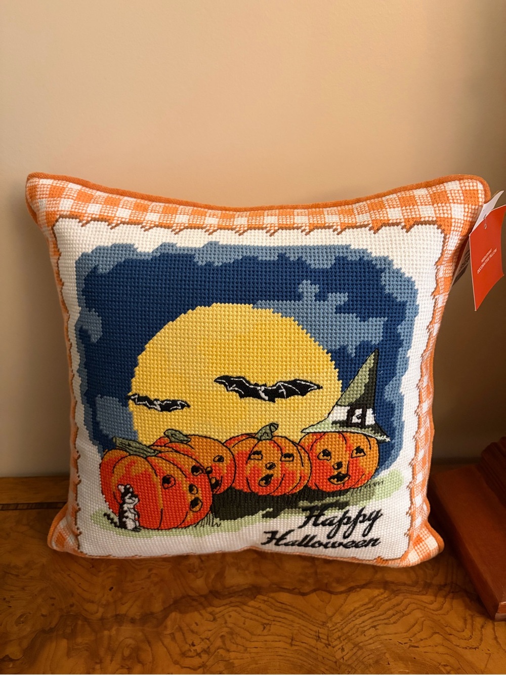 Happy Halloween Pumpkin Needlepoint Pillow - Orange